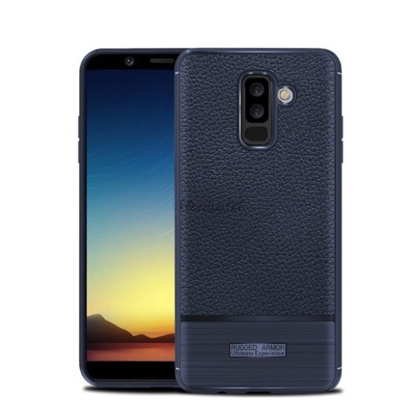 Szilikon telefonvédő (közepesen ütésálló, bőr hatású, szálcsiszolt) SÖTÉTKÉK Samsung Galaxy A6+ (2018) SM-A605F