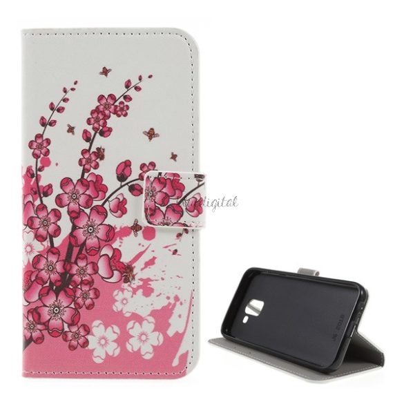 Tok álló, bőr hatású (FLIP, oldalra nyíló, asztali tartó funkció, virág minta) FEHÉR Samsung Galaxy J6 (2018) SM-J600F