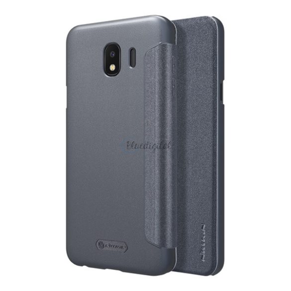 NILLKIN SPARKLE műanyag telefonvédő (mikroszálas bőr hatású FLIP, oldalra nyíló) FEKETE Samsung Galaxy J4 (2018) SM-J400F