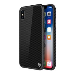   NILLKIN TEMPERED PLAID telefonvédő szilikon keret (BUMPER, edzett üveg hátlap, négyzet minta) FEKETE Apple iPhone X 5.8, Apple iPhone XS 5.8