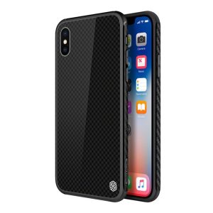 NILLKIN TEMPERED PLAID telefonvédő szilikon keret (BUMPER, edzett üveg hátlap, négyzet minta) FEKETE Apple iPhone X 5.8, Apple iPhone XS 5.8