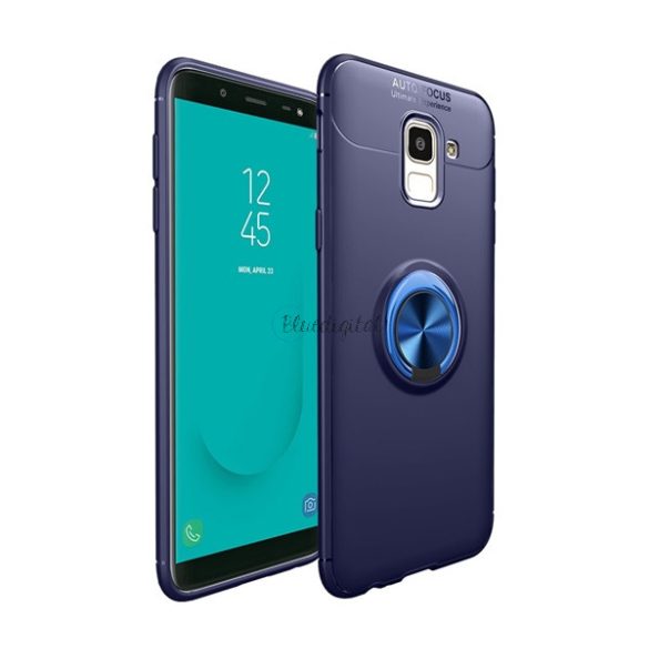 Szilikon telefonvédő (asztali tartó funkció, telefontartó gyűrű, 360°-ban forgatható, beépített fémlemez) SÖTÉTKÉK Samsung Galaxy J6 (2018) SM-J600F
