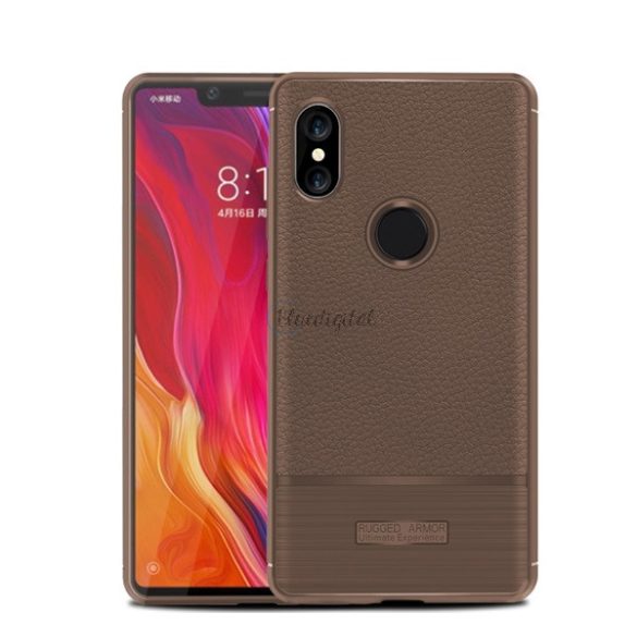 Szilikon telefonvédő (közepesen ütésálló, bőr hatású, szálcsiszolt) BARNA Xiaomi Mi 8 SE