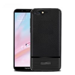   Szilikon telefonvédő (közepesen ütésálló, bőr hatású, szálcsiszolt) FEKETE Huawei Y6 (2018)