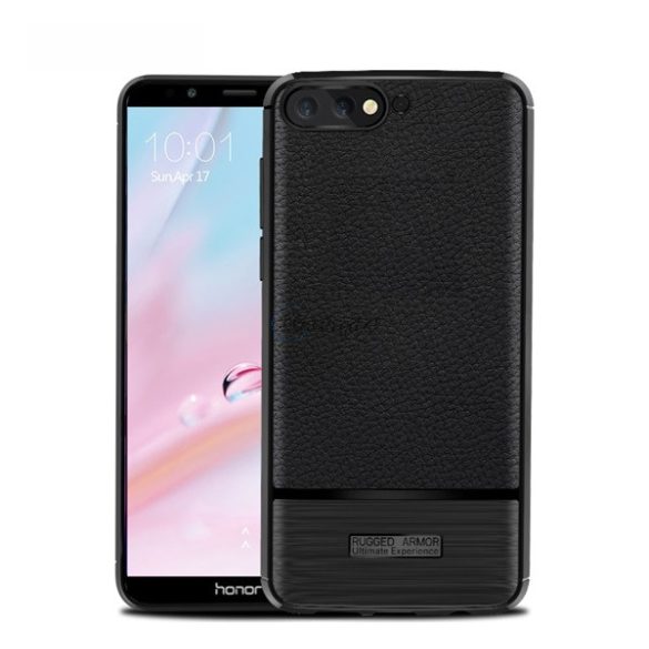 Szilikon telefonvédő (közepesen ütésálló, bőr hatású, szálcsiszolt) FEKETE Huawei Y6 (2018)