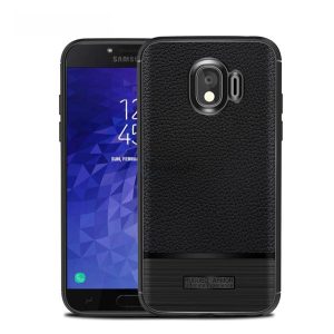 Szilikon telefonvédő (közepesen ütésálló, bőr hatású, szálcsiszolt) FEKETE Samsung Galaxy J4 (2018) SM-J400F