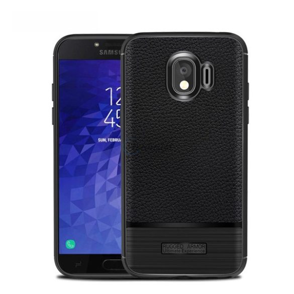 Szilikon telefonvédő (közepesen ütésálló, bőr hatású, szálcsiszolt) FEKETE Samsung Galaxy J4 (2018) SM-J400F