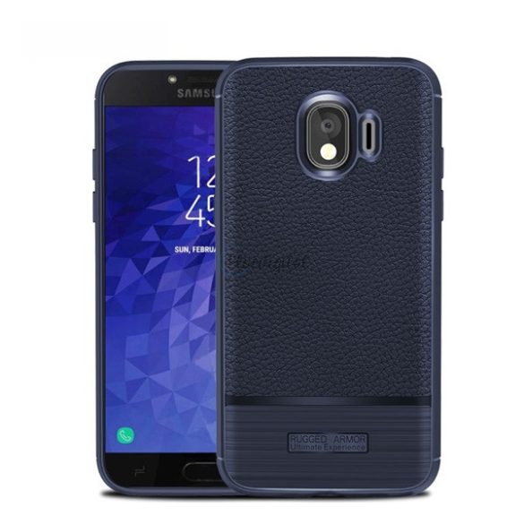 Szilikon telefonvédő (közepesen ütésálló, bőr hatású, szálcsiszolt) SÖTÉTKÉK Samsung Galaxy J4 (2018) SM-J400F