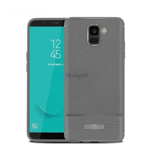 Szilikon telefonvédő (közepesen ütésálló, bőr hatású, szálcsiszolt) SZÜRKE Samsung Galaxy J6 (2018) SM-J600F