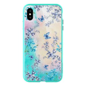 NILLKIN BLOSSOM telefonvédő szilikon keret (BUMPER, közepesen ütésálló, edzett üveg hátlap, pillangó, virág minta) KÉK Apple iPhone XS Max 6.5