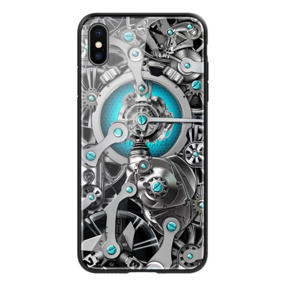 NILLKIN SPACETIME telefonvédő szilikon keret (BUMPER, közepesen ütésálló, edzett üveg hátlap, fogaskerék minta) FEKETE Apple iPhone XS Max 6.5