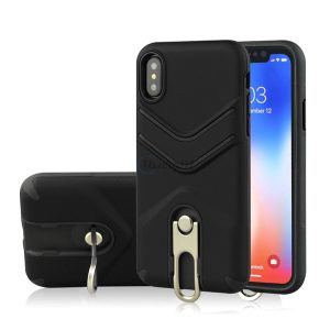 Defender műanyag telefonvédő (közepesen ütésálló, gumírozott, fém kitámasztó) FEKETE Apple iPhone XS Max 6.5