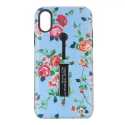   Műanyag telefonvédő (szilikon belső, asztali tartó funkció, ujjra húzható szilikon, bazsarózsa minta) KÉK Apple iPhone XS Max 6.5