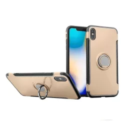   Műanyag telefonvédő (szilikon keret, asztali tartó funkció, telefontartó gyűrű, beépített fémlemez, karbon minta) ARANY Apple iPhone XS Max 6.5
