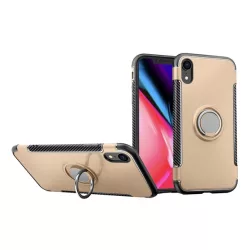   Műanyag telefonvédő (szilikon keret, asztali tartó funkció, telefontartó gyűrű, beépített fémlemez, karbon minta) ARANY Apple iPhone XR 6.1