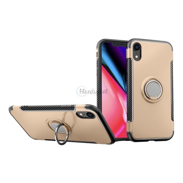 Műanyag telefonvédő (szilikon keret, asztali tartó funkció, telefontartó gyűrű, beépített fémlemez, karbon minta) ARANY Apple iPhone XR 6.1