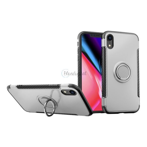 Műanyag telefonvédő (szilikon keret, asztali tartó funkció, telefontartó gyűrű, beépített fémlemez, karbon minta) EZÜST Apple iPhone XR 6.1