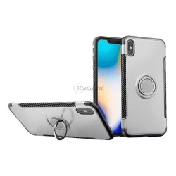   Műanyag telefonvédő (szilikon keret, asztali tartó funkció, telefontartó gyűrű, beépített fémlemez, karbon minta) EZÜST Apple iPhone XS Max 6.5