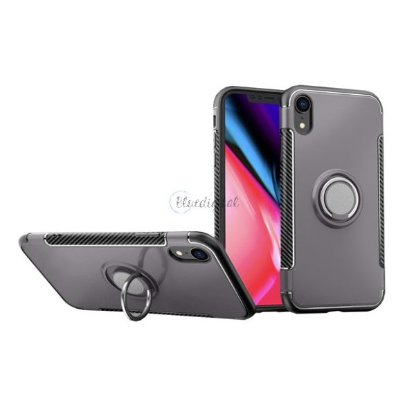Műanyag telefonvédő (szilikon keret, asztali tartó funkció, telefontartó gyűrű, beépített fémlemez, karbon minta) SZÜRKE Apple iPhone XR 6.1