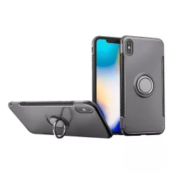   Műanyag telefonvédő (szilikon keret, asztali tartó funkció, telefontartó gyűrű, beépített fémlemez, karbon minta) SZÜRKE Apple iPhone XS Max 6.5