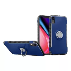   Műanyag telefonvédő (szilikon keret, asztali tartó, telefontartó gyűrű, beépített fémlemez, karbon minta) SÖTÉTKÉK Apple iPhone XR 6.1