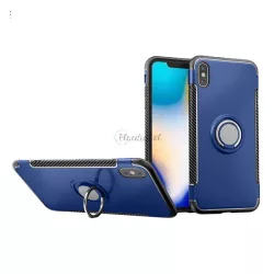   Műanyag telefonvédő (szilikon keret, asztali tartó, telefontartó gyűrű, beépített fémlemez, karbon minta) SÖTÉTKÉK Apple iPhone XS Max 6.5