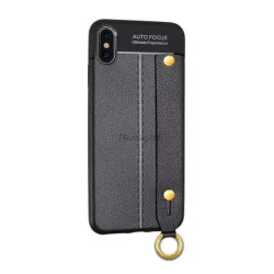   Szilikon telefonvédő (közepesen ütésálló, bőr hatású, varrás minta, kézpánt) FEKETE Apple iPhone XS Max 6.5