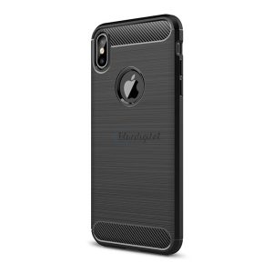 Szilikon telefonvédő (közepesen ütésálló, légpárnás sarok, szálcsiszolt, karbon minta) FEKETE Apple iPhone XS Max 6.5