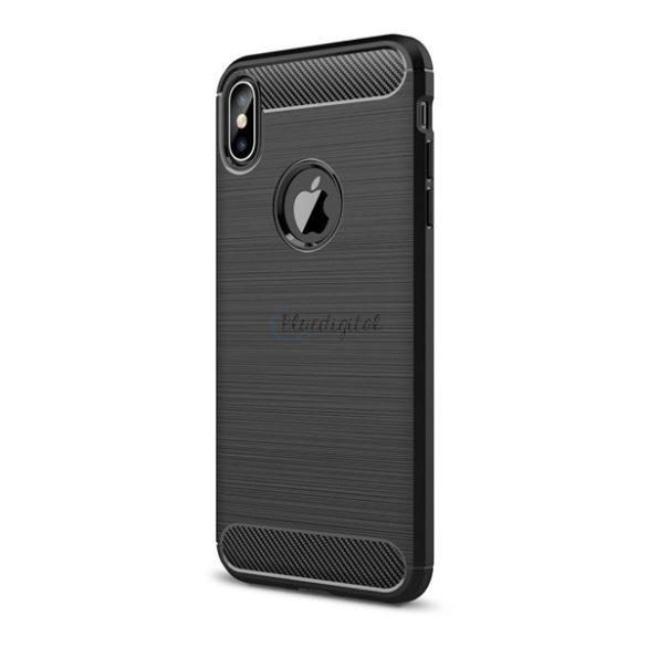 Szilikon telefonvédő (közepesen ütésálló, légpárnás sarok, szálcsiszolt, karbon minta) FEKETE Apple iPhone XS Max 6.5