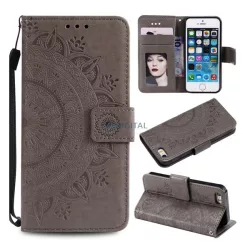   Tok álló, bőr hatású (FLIP, oldalra nyíló, asztali tartó, kézpánt, mandala) SZÜRKE Apple iPhone 5S, iPhone 5, iPhone SE (2016) 