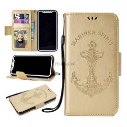   Tok álló, bőr hatású (FLIP, oldalra nyíló, asztali tartó funkció, csuklópánt, vasmacska minta) ARANY Apple iPhone XS 5.8, Apple iPhone X 5.8