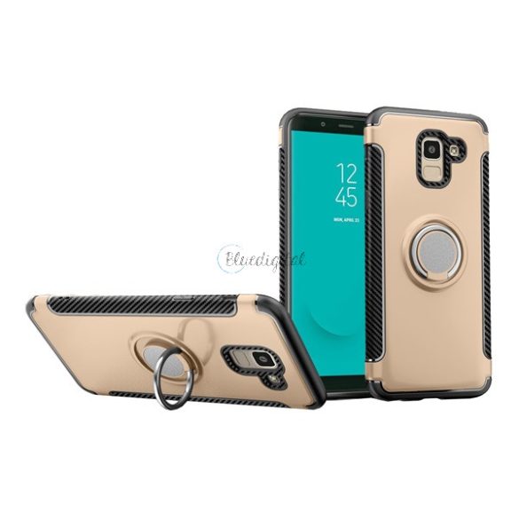 Műanyag telefonvédő (szilikon keret, asztali tartó funkció, telefontartó gyűrű, beépített fémlemez, karbon minta) ARANY Samsung Galaxy J6 (2018) SM-J600F
