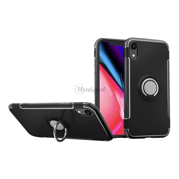 Műanyag telefonvédő (szilikon keret, asztali tartó funkció, telefontartó gyűrű, beépített fémlemez, karbon minta) FEKETE Apple iPhone XR 6.1