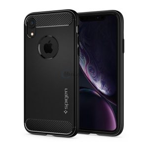 SPIGEN RUGGED ARMOR szilikon telefonvédő (közepesen ütésálló, légpárnás sarok, karbon minta, logó kivágás) FEKETE Apple iPhone XR 6.1