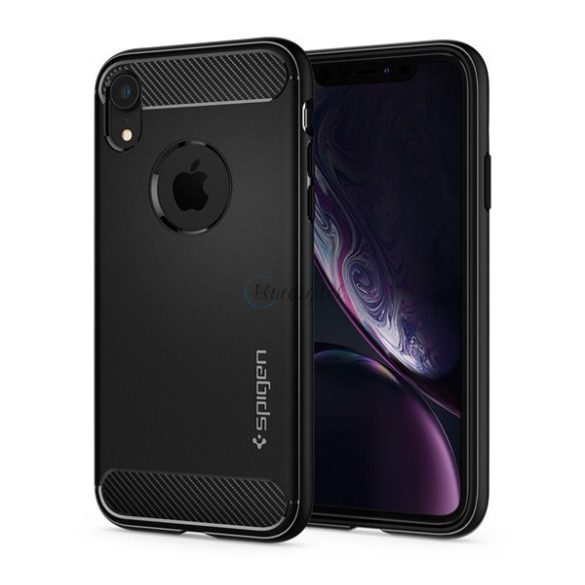 SPIGEN RUGGED ARMOR szilikon telefonvédő (közepesen ütésálló, légpárnás sarok, karbon minta, logó kivágás) FEKETE Apple iPhone XR 6.1