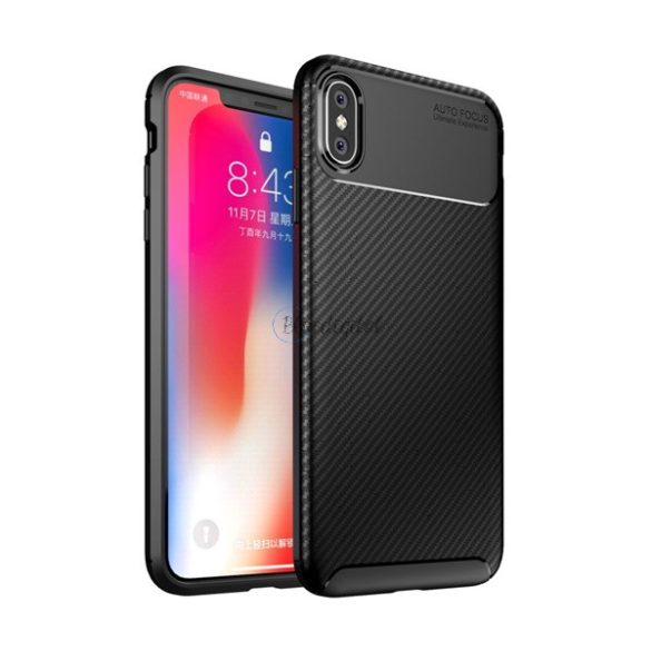 Szilikon telefonvédő (közepesen ütésálló, légpárnás sarok, karbon minta) FEKETE Apple iPhone XS Max 6.5