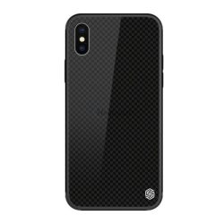   NILLKIN TEMPERED PLAID telefonvédő szilikon keret (BUMPER, edzett üveg hátlap, négyzet minta) FEKETE Apple iPhone XS Max 6.5