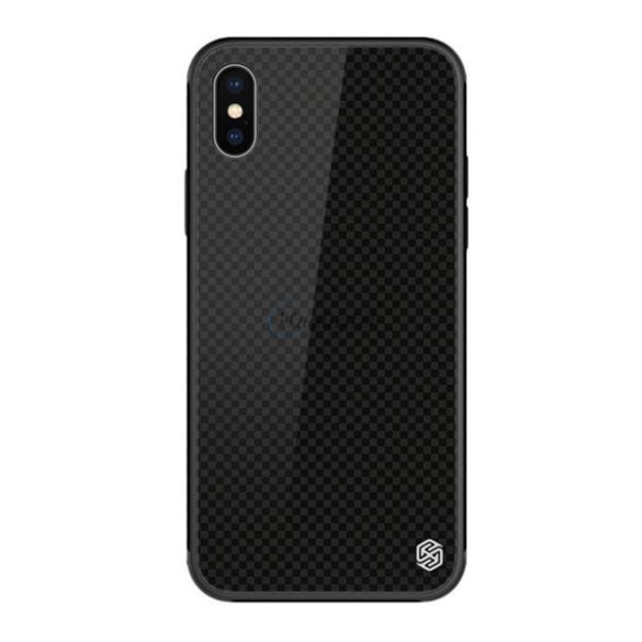 NILLKIN TEMPERED PLAID telefonvédő szilikon keret (BUMPER, edzett üveg hátlap, négyzet minta) FEKETE Apple iPhone XS Max 6.5