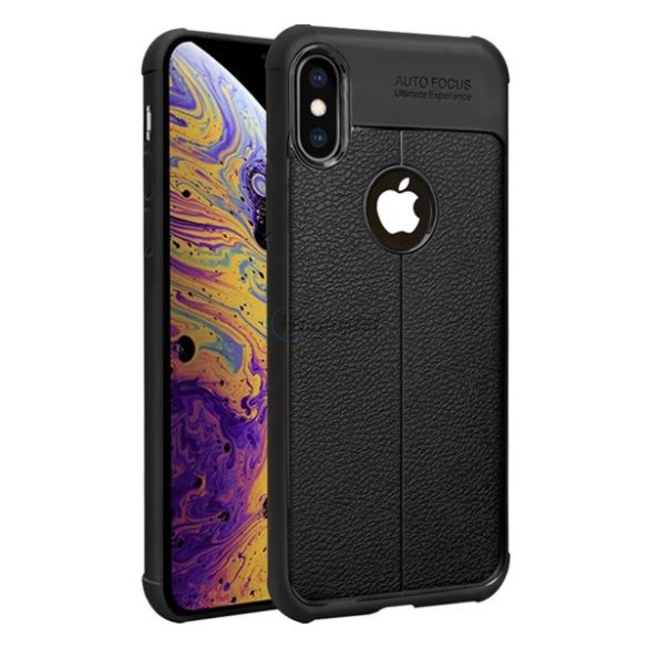 IMAK VEGA szilikon telefonvédő (közepesen ütésálló, bőr hatású, varrás minta, légpárnás sarok, logó kivágás) FEKETE Apple iPhone XS Max 6.5