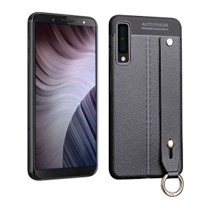 Szilikon telefonvédő (közepesen ütésálló, asztali tartó funkció, bőr hatású, varrás minta + kézpánt) FEKETE Samsung Galaxy A7 (2018) SM-A750F