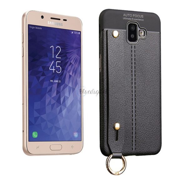 Szilikon telefonvédő (közepesen ütésálló, asztali tartó funkció, bőr hatású, varrás minta + kézpánt) FEKETE Samsung Galaxy J6 Plus (SM-J610F)