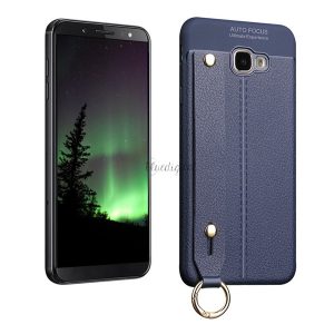 Szilikon telefonvédő (közepesen ütésálló, asztali tartó funkció, bőr hatású, varrás minta + kézpánt) SÖTÉTKÉK Samsung Galaxy J4 Plus (SM-J415F)