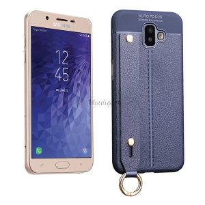 Szilikon telefonvédő (közepesen ütésálló, asztali tartó funkció, bőr hatású, varrás minta + kézpánt) SÖTÉTKÉK Samsung Galaxy J6 Plus (SM-J610F)