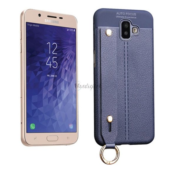 Szilikon telefonvédő (közepesen ütésálló, asztali tartó funkció, bőr hatású, varrás minta + kézpánt) SÖTÉTKÉK Samsung Galaxy J6 Plus (SM-J610F)