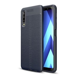 Szilikon telefonvédő (közepesen ütésálló, bőr hatású, varrás minta) SÖTÉTKÉK Samsung Galaxy A7 (2018) SM-A750F