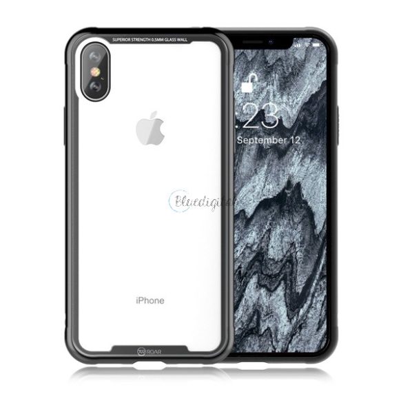 ROAR Glass Airframe telefonvédő szilikon keret (BUMPER, közepesen ütésálló, edzett üveg hátlap) FEKETE Apple iPhone XS Max 6.5