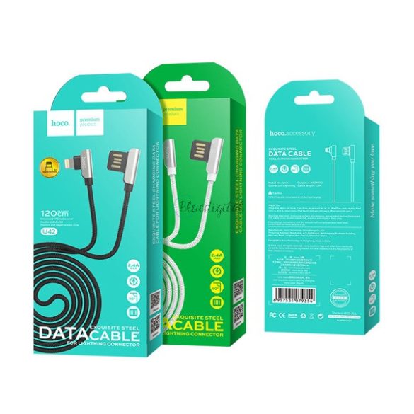 HOCO U42 adatátvitel kábel (USB - lightning, gyorstöltő, 120cm, 90 fokos, cipőfűző) FEKETE