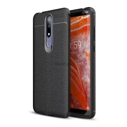   Szilikon telefonvédő (közepesen ütésálló, bőr hatású, varrás minta) FEKETE Nokia 3.1 Plus