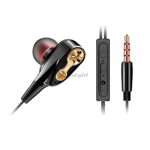 QKZ fülhallgató SZTEREO (3.5mm jack, mikrofon, felvevő gomb, 2 pár fülgumi, mélyhang kiemelő, dupla hangszóró) FEKETE