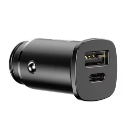   BASEUS SQUARE autós töltő USB+Type-C aljzat (30W, PD gyorstöltő 4.0) FEKETE